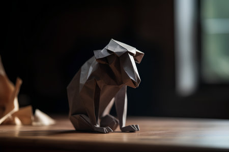 Paper origami bear on a wooden table, low key, selective focusの素材