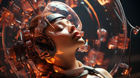 3d rendering of a female cyborg with headphones and virtual interfaceの素材