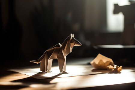 Paper origami horse on a wooden table. The concept of leadership and success.の素材