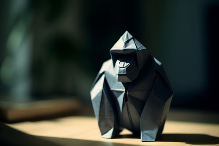 Silhouette of origami penguin on a wooden table.の素材