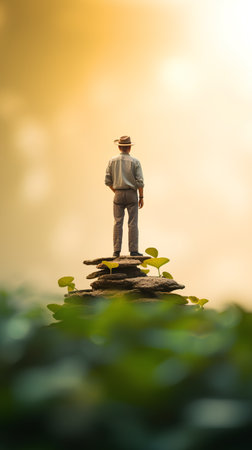 Miniature people : Businessman standing on the rock and looking to the tree.の素材