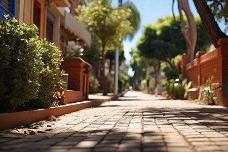 Paved street with palm trees in the city. Shallow depth of field.の素材