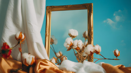Decorative mirror with cotton flowers on the background of the sky.の素材