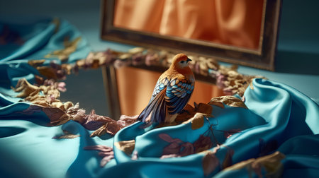 Blue silk background with a bird and a mirror. Photo for your designの素材