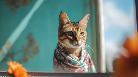 Portrait of a bengal cat in a scarf on the windowsillの素材