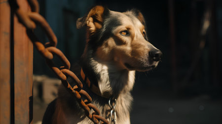 Portrait of a dog on a chain. Selective focus.の素材