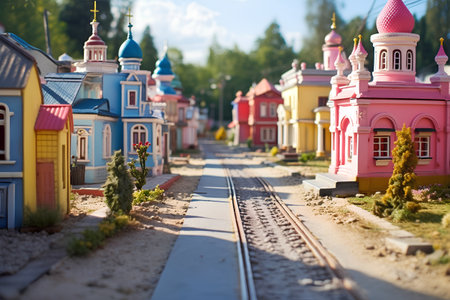 Museum of railway tracks and colorful toy houses in the city.の素材