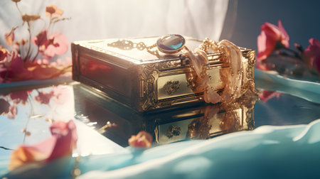 Wedding rings on the background of a gold box and flowersの素材