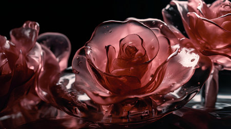 Red rose petals in water on a black background. Toned.の素材