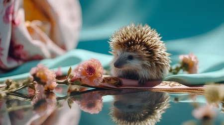 Hedgehog on the background of a scarf and flowers reflected in waterの素材