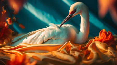 White stork on a background of a red-yellow fabric.の素材