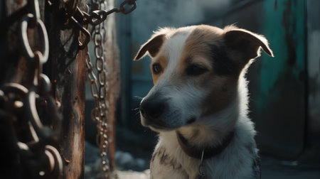 Portrait of a dog on a background of the old door.の素材