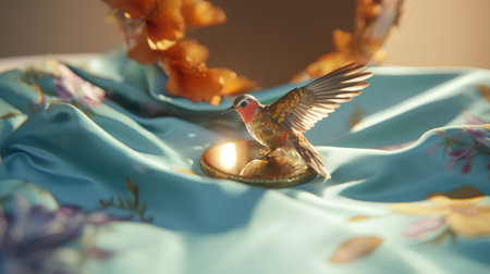 golden wedding ring with a bird on a blue silk background.の素材