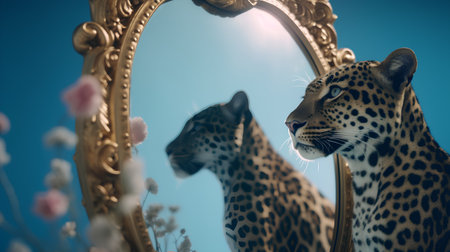 leopard in the mirror with flowers and blue sky, vintage styleの素材