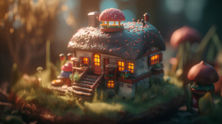 Miniature house in the forest. Fairy tale concept. 3D Renderingの素材