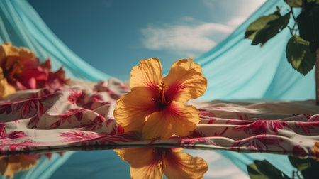 Yellow hibiscus flower on the bed with fabric and blue skyの素材