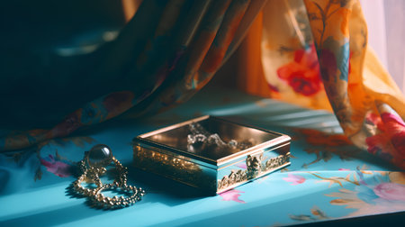 jewelry box with a gold ring on a blue background.の素材
