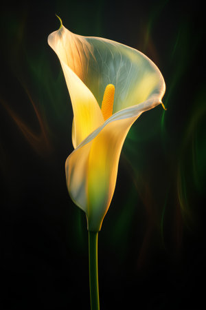 Yellow calla lily flower on a dark background. Vector illustration.の素材