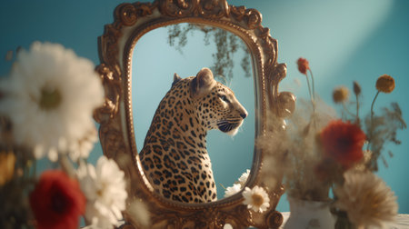leopard in the mirror with flowers and copy space for your textの素材