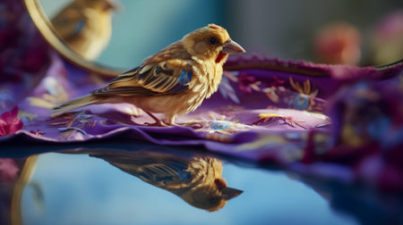 Little bird on the mirror. Selective focus. Shallow depth of fieldの素材