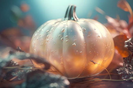 Autumn still life with pumpkins, leaves and water dropletsの素材