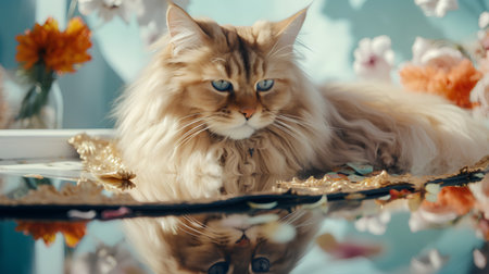 Siberian cat with blue eyes on a mirror background with flowersの素材