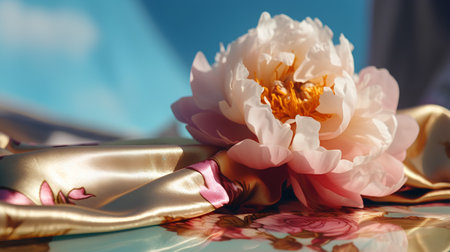 Pink peony flower on golden fabric and blue sky background. 3d renderingの素材