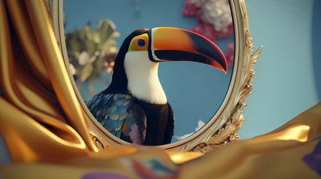 Toucan in front of a mirror. 3D illustration.の素材