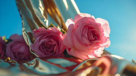 Bouquet of pink roses on the background of blue sky.の素材