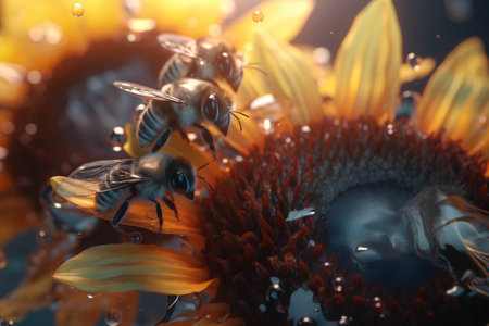 Honey bee collecting nectar from sunflower. 3d renderingの素材