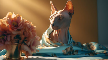 Sphynx cat in a turquoise silk scarf on the bed with flowers.の素材