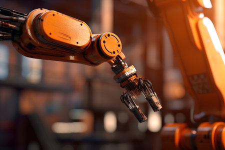 Industrial robot arm in factory, close-up. Concept of industrial revolution. 3d renderingの素材