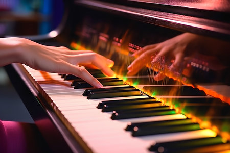 Close up of hands playing on piano keys with colorful lights in backgroundの素材