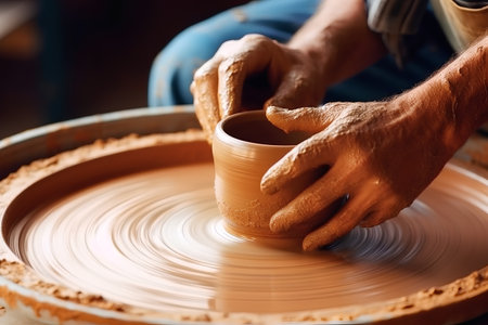 hands of a potter, creating an earthen jar on the circleの素材
