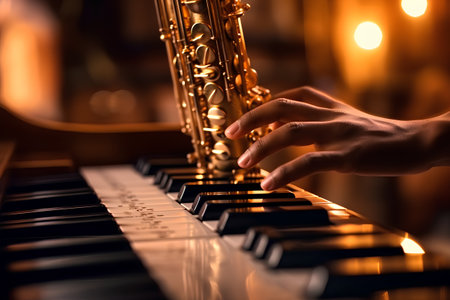 musician playing the saxophone on the keys of an old pianoの素材
