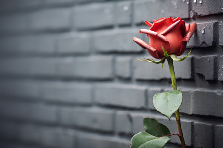 Red rose on a brick wall background. Valentines day concept.の素材