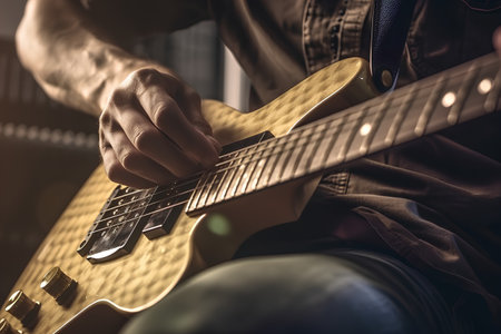 man playing the electric guitar in the studio, close-up shotの素材