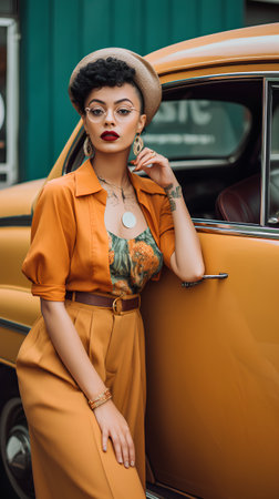 stylish african american woman in hat and sunglasses standing near retro carの素材