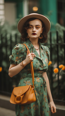 beautiful young woman in hat and green dress with orange handbagの素材