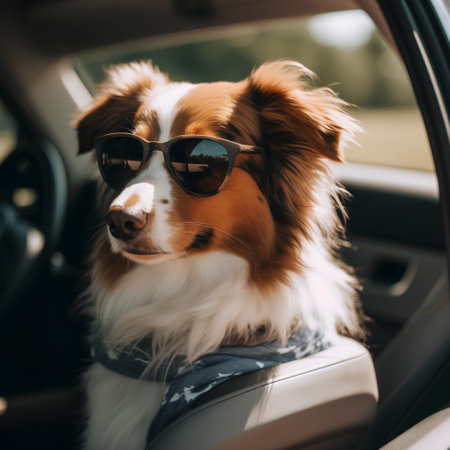 Portrait of australian shepherd dog in sunglasses sitting in carの素材
