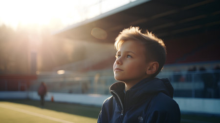 Portrait of a boy on a football field in the rays of the setting sunの素材