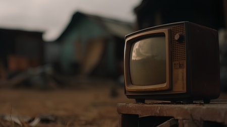 Old TV on the background of the abandoned house. Selective focus.の素材