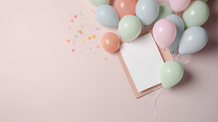 3d render of pastel color balloons and card on pink backgroundの素材