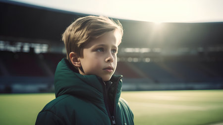 Portrait of a boy in a green jacket at the stadium.の素材