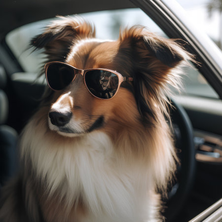 Shetland Sheepdog in sunglasses sitting in the car and looking at cameraの素材