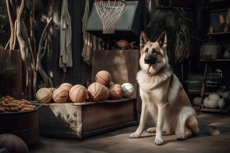 German Shepherd with a basket of basketball balls on a wooden background.の素材