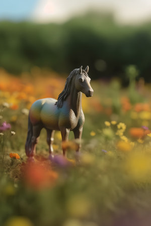 Horse in the meadow with flowers. Selective focus.の素材