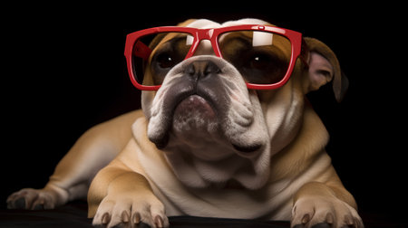 Portrait of an English Bulldog in red glasses on a black background.の素材