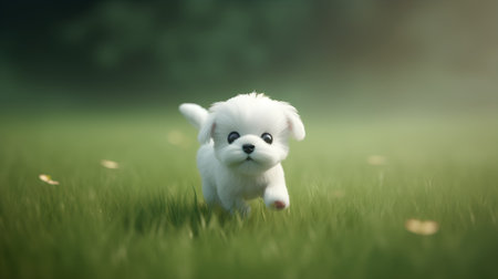 Little Maltese puppy running in the green grass on a summer dayの素材