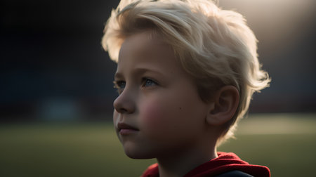 Portrait of a boy with blond hair on the background of the stadiumの素材